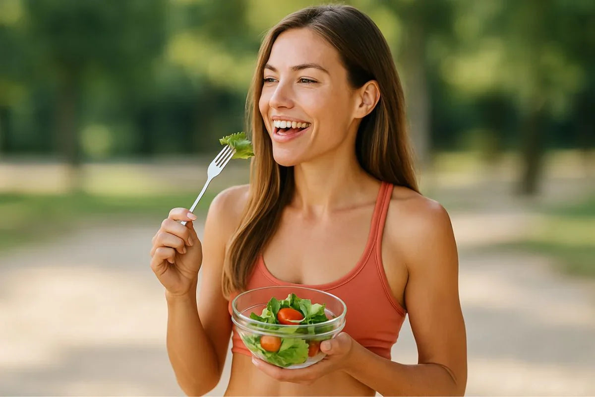 Vrouw die sla eet op mooie zomerdag