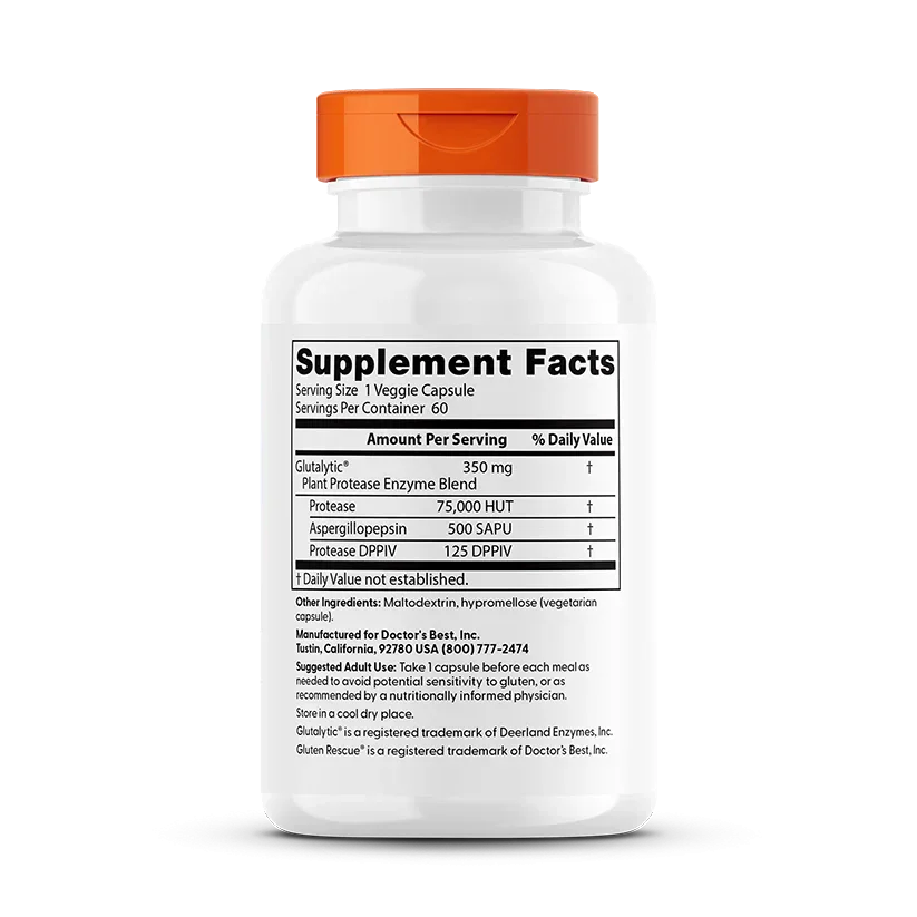 Etiket met voedingswaardetabel van gluten-enzymen Glutalytic® supplement