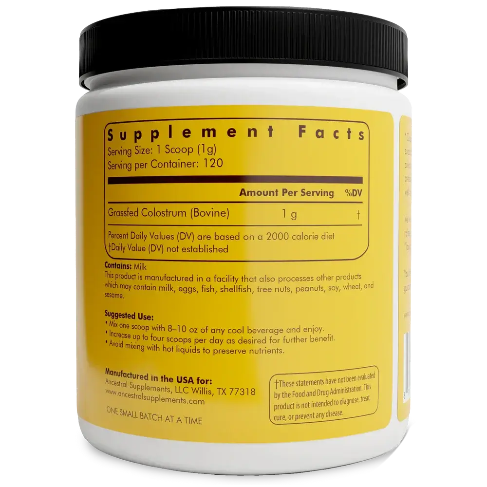 Grasgevoerde Runder Colostrum Poeder - 119 gram supplement facts on container