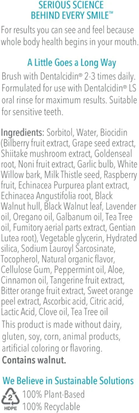 Etiket met productinformatie van Dentalcidin tandpasta