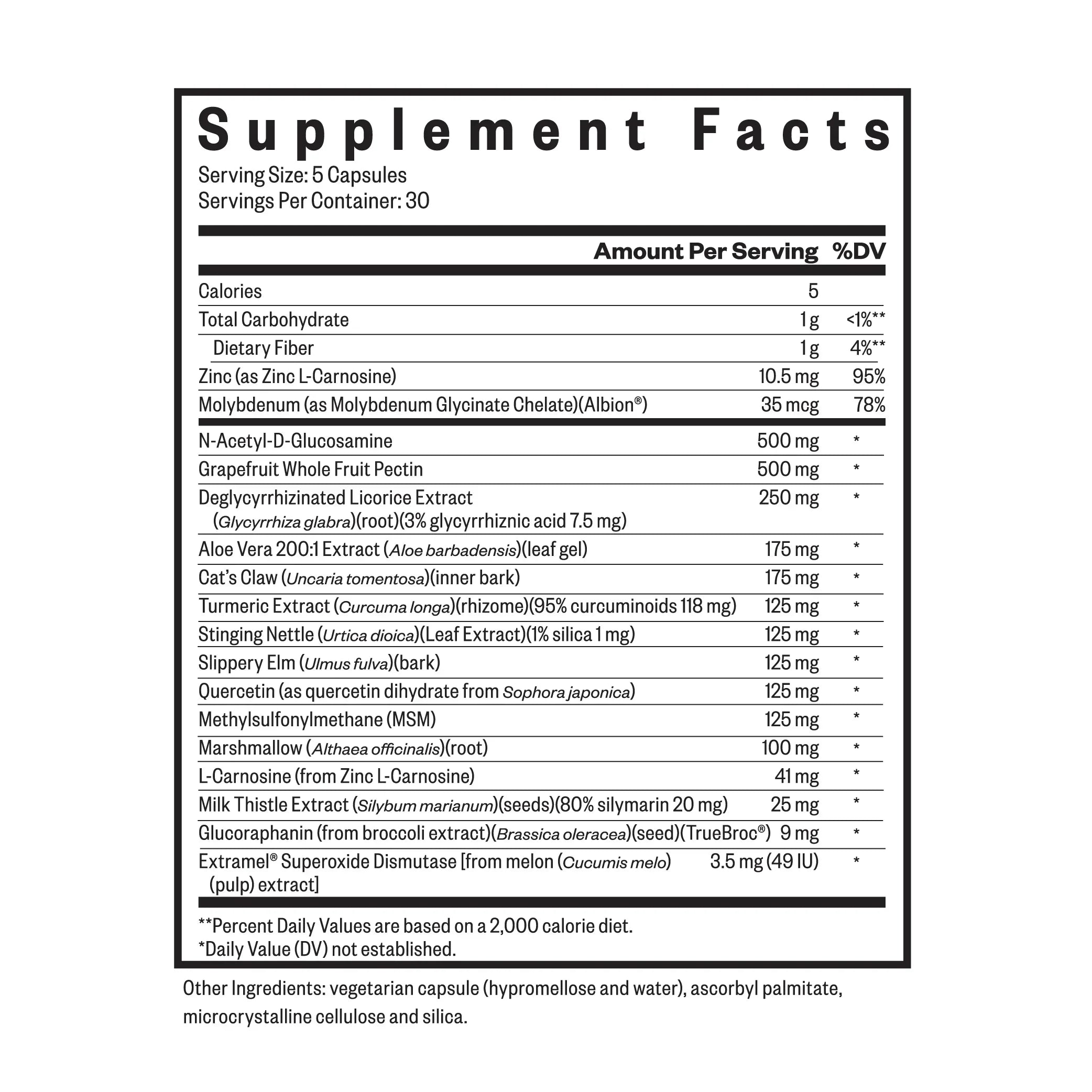 Etiket met voedingswaardetabel van Gut Nutrients capsules