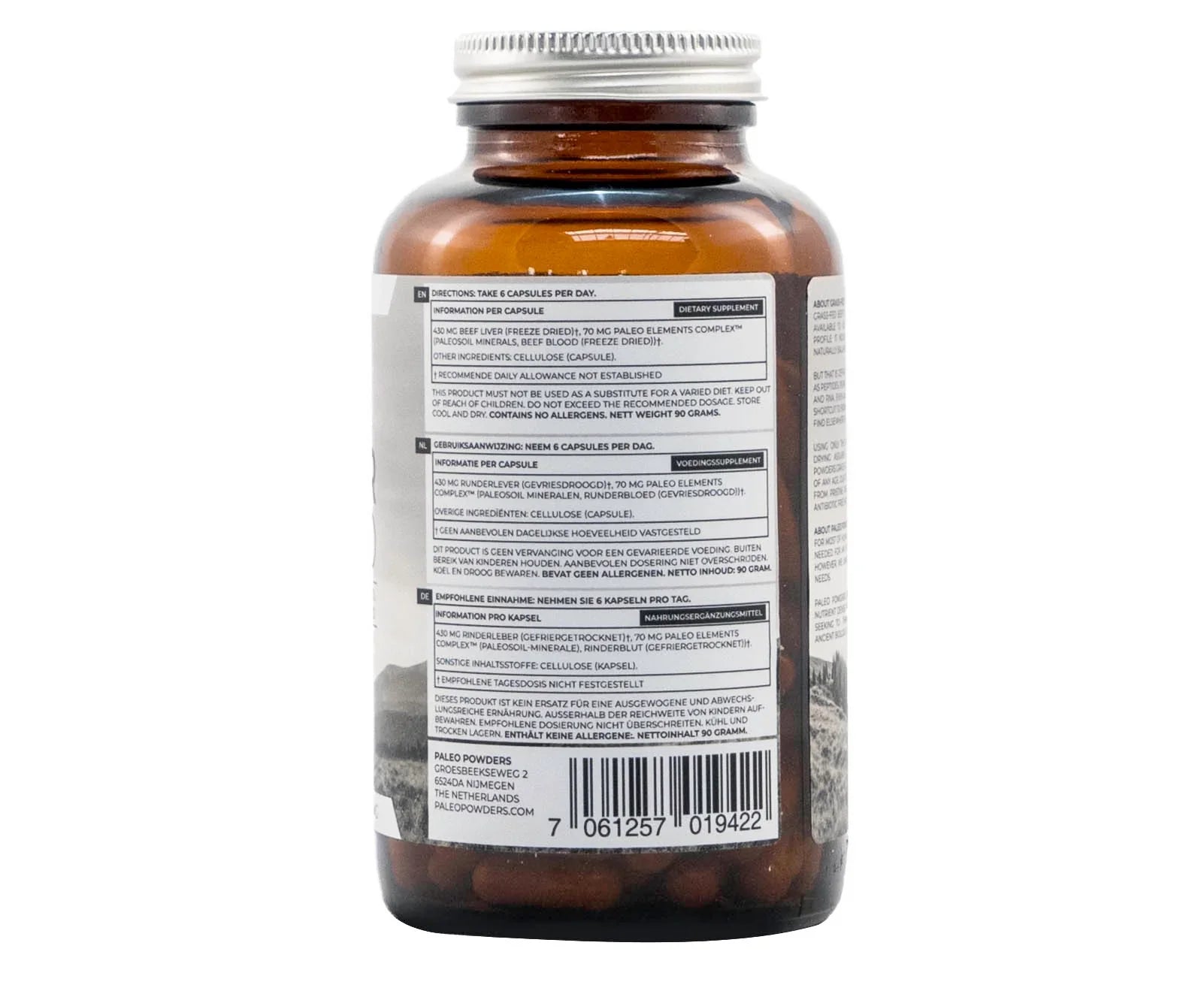 Etiket met voedingswaardetabel van grasgevoerde runderlever capsules