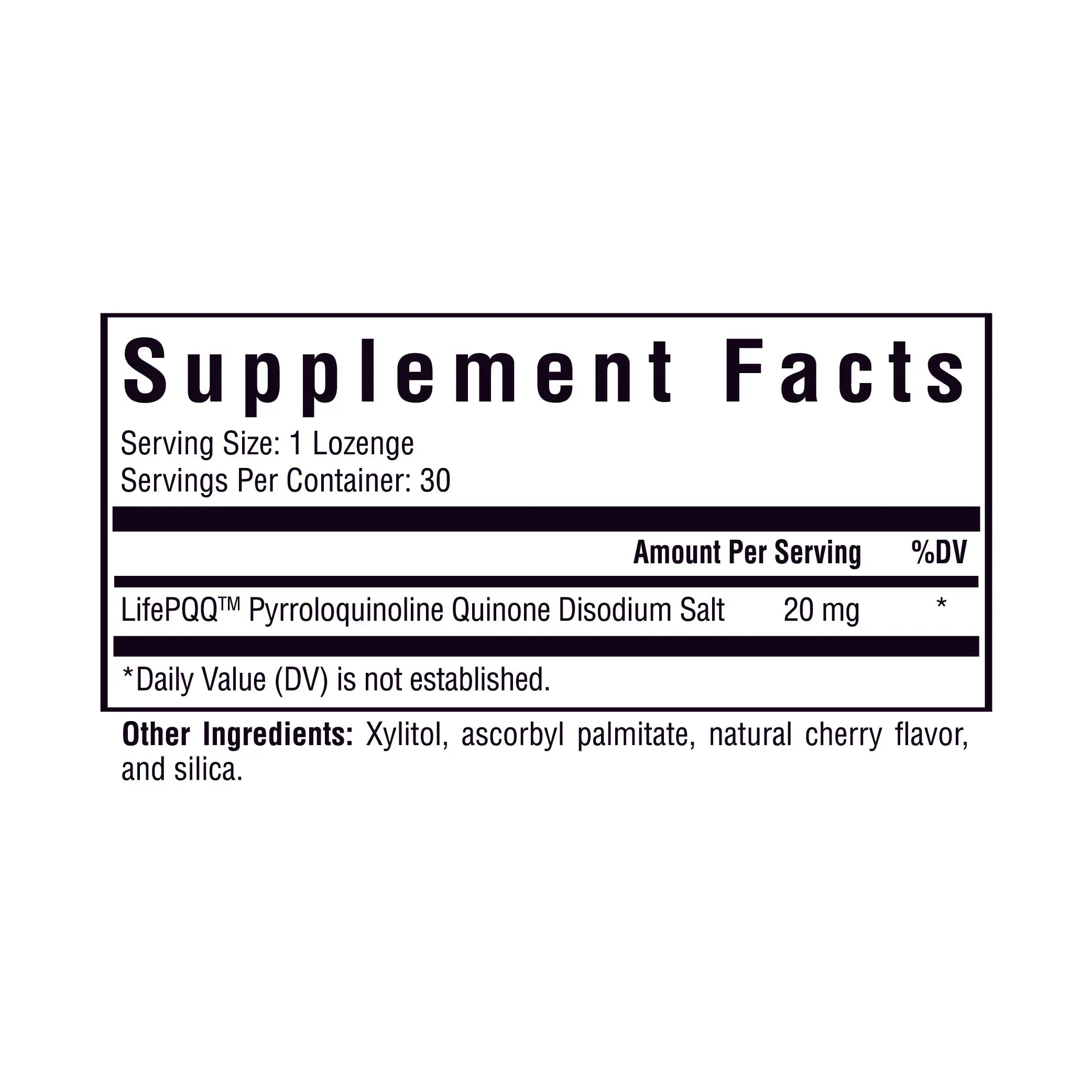 Etiket met voedingswaardetabel van PQQ zuigtabletten