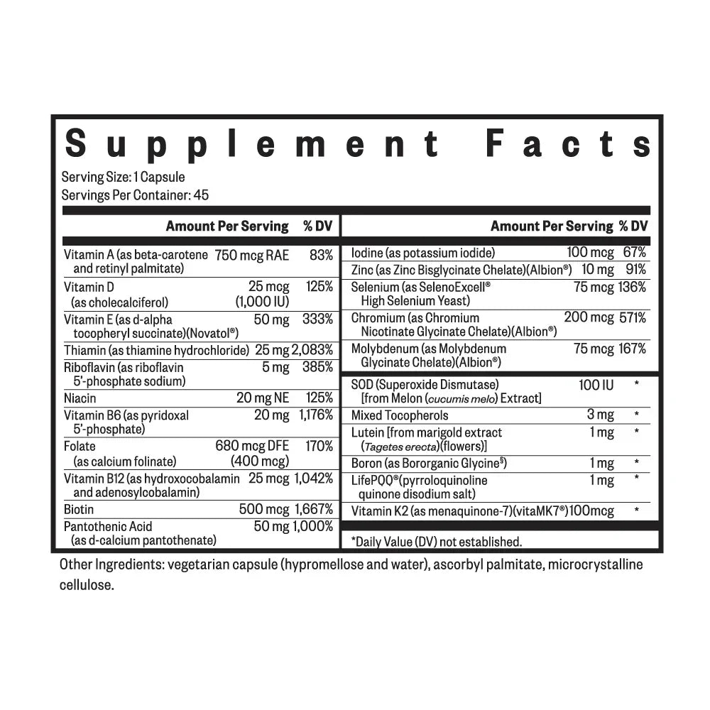 Etiket met voedingswaardetabel van Multivitamin One MF capsules