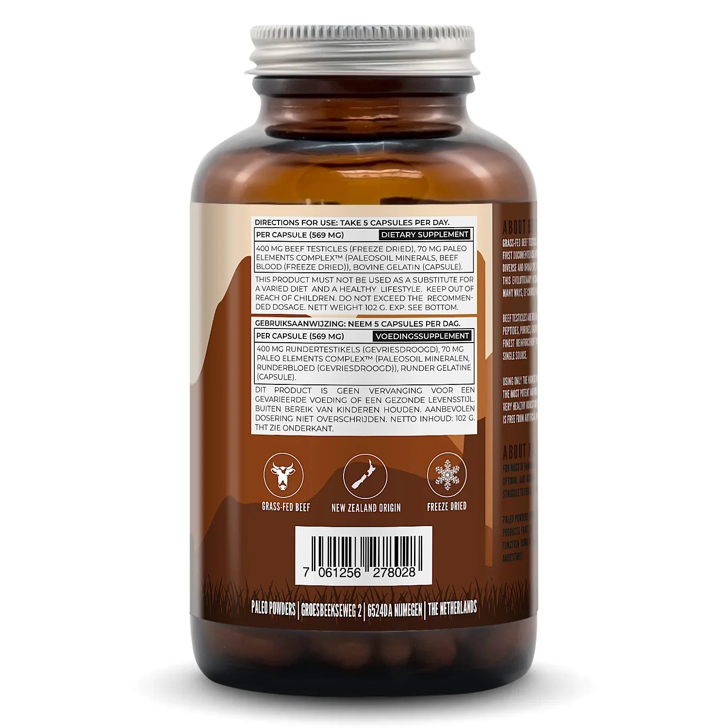 Etiket met voedingswaardetabel van grasgevoerde runder testikels capsules