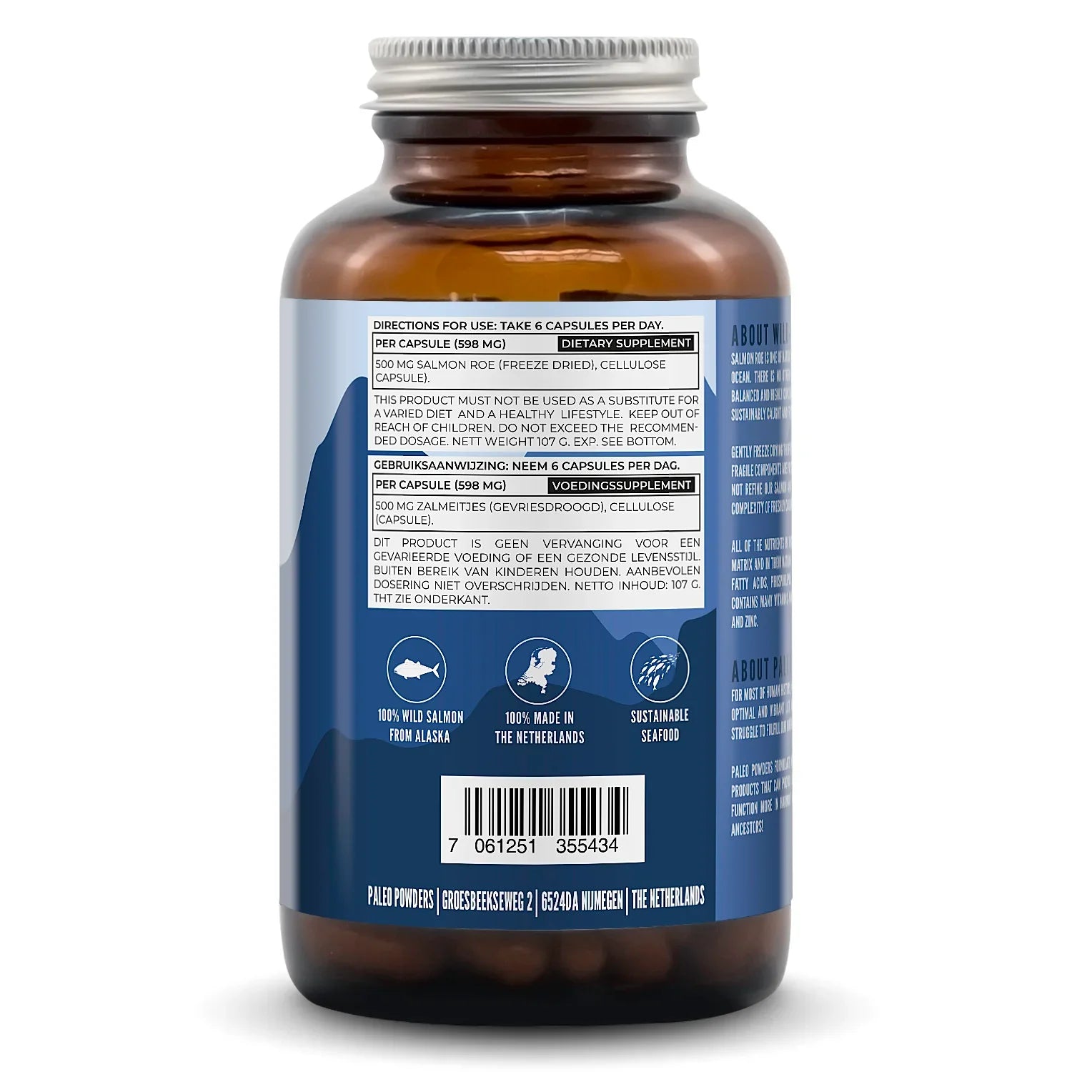 Etiket met voedingswaardetabel van wilde zalmeitjes capsules