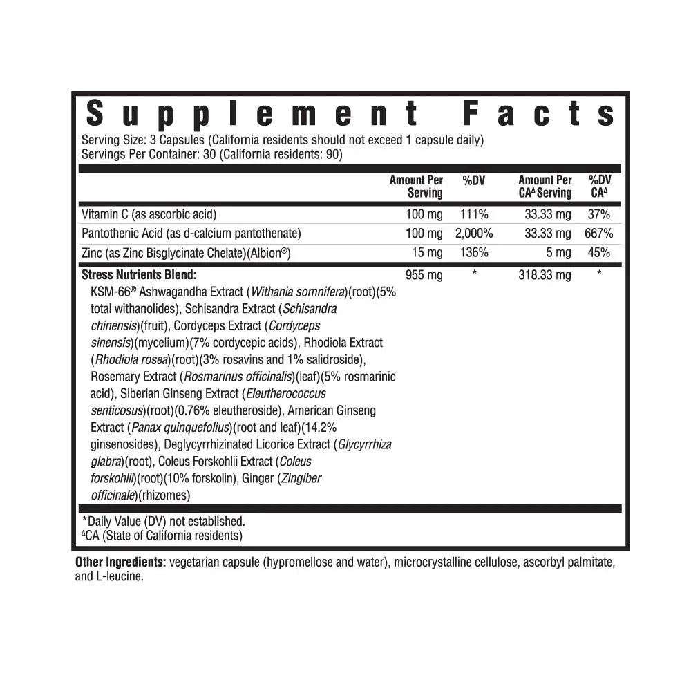 Etiket met voedingswaardetabel van Stress Nutrients capsules