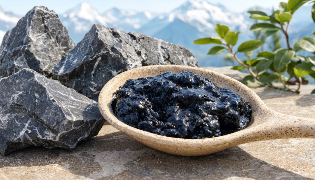 Shilajit in een houten lepel naast rotsblokken in de bergen