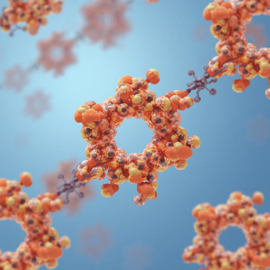 Illustratie van cholesterolmoleculen tegen een blauwe achtergrond