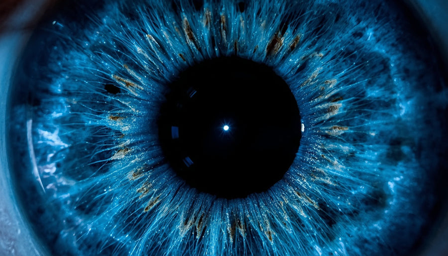 Close-up van een blauw oog met pupil