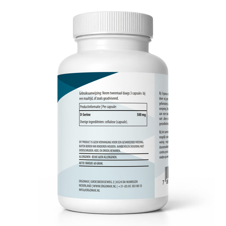 D-Serin-Supplementflasche mit Gebrauchsanweisung und Zutatenliste, 60 Kapseln von Ergomax.