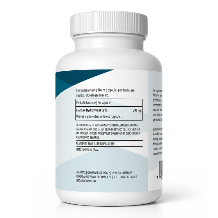 Elastine Hydrolysaat verpakking met gebruiksaanwijzing en productinformatie voor 100 capsules.