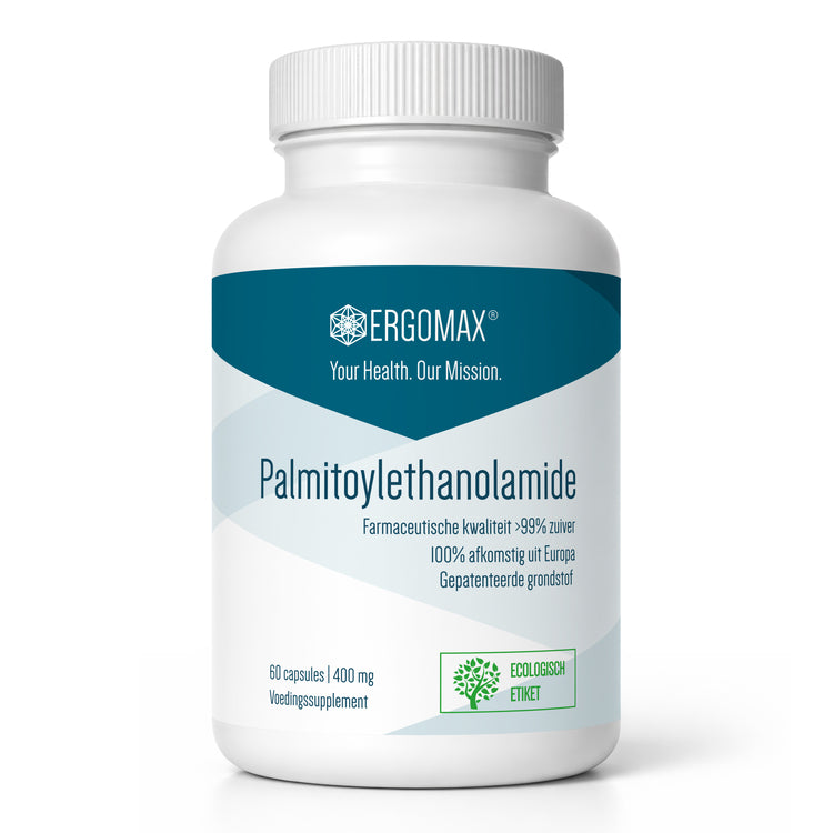 Palmitoylethanolamide van Ergomax in een fles met 60 capsules, farmaceutische kwaliteit.