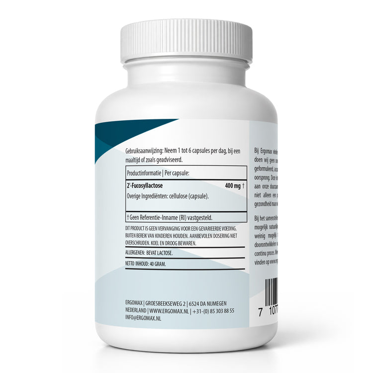 Fles met 2’-Fucosyllactose prebiotica - 100 capsules met gebruiksinstructies en ingrediëntenlijst.