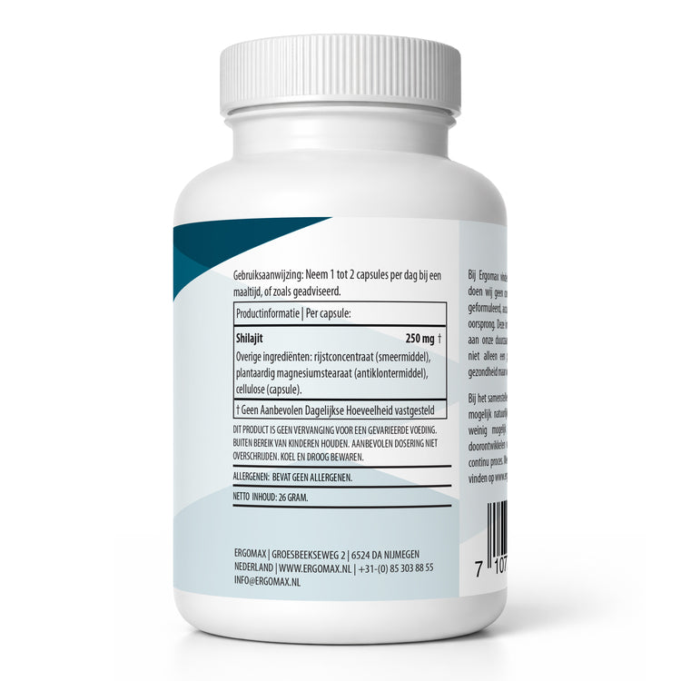 Verpakking van Shilajit met Fulvinezuur - 60 capsules, achterkant met gebruiksinformatie en ingrediëntenlijst.