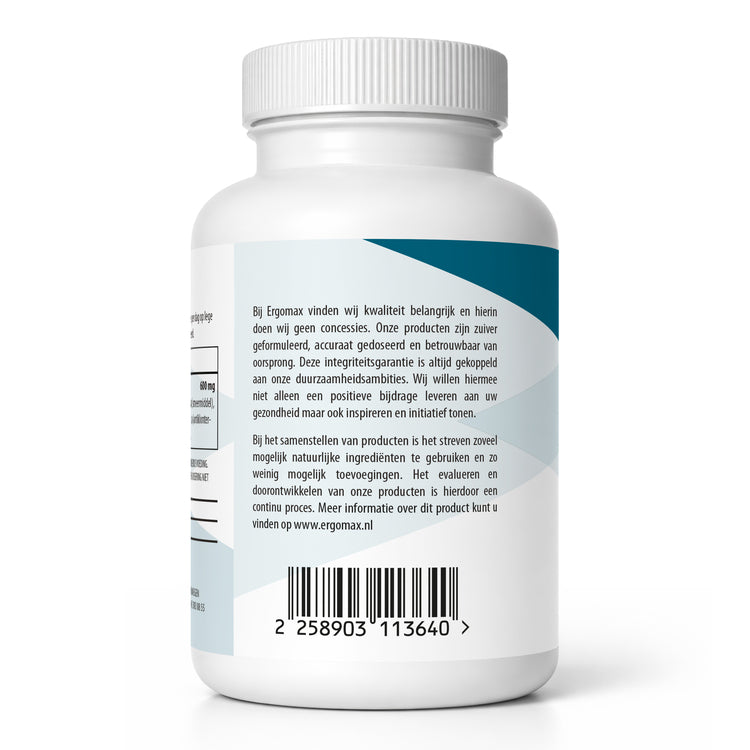 N Acetylcysteïne capsules van Ergomax in een verpakking met informatie en barcode.