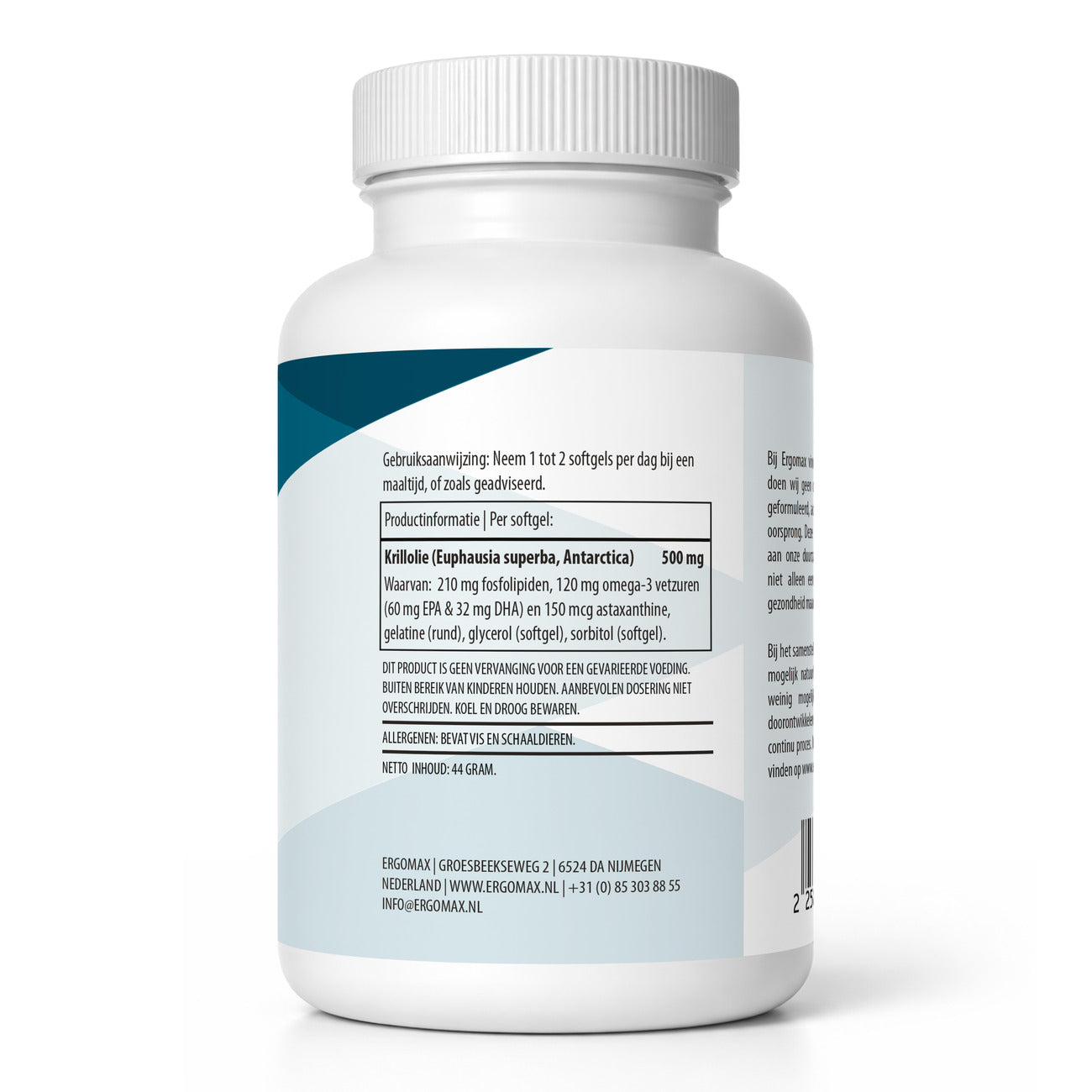 Omega-3 Krillolie supplement verpakking met gebruiksinformatie en ingrediëntenlijst.