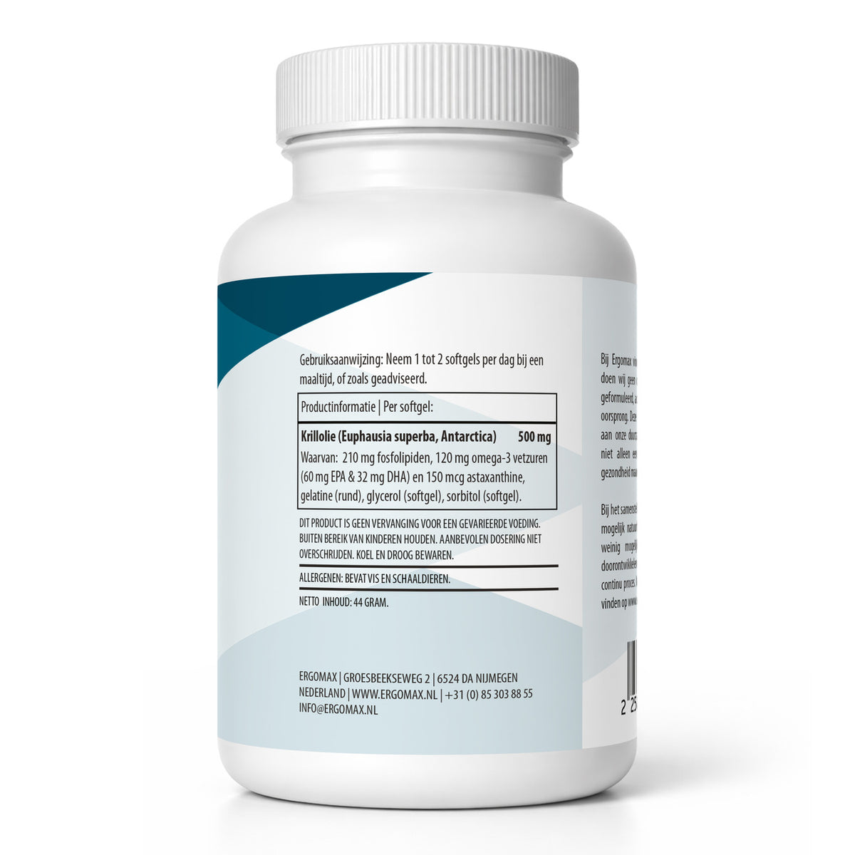 Omega-3 Krillolie supplement verpakking met gebruiksinformatie en ingrediëntenlijst.