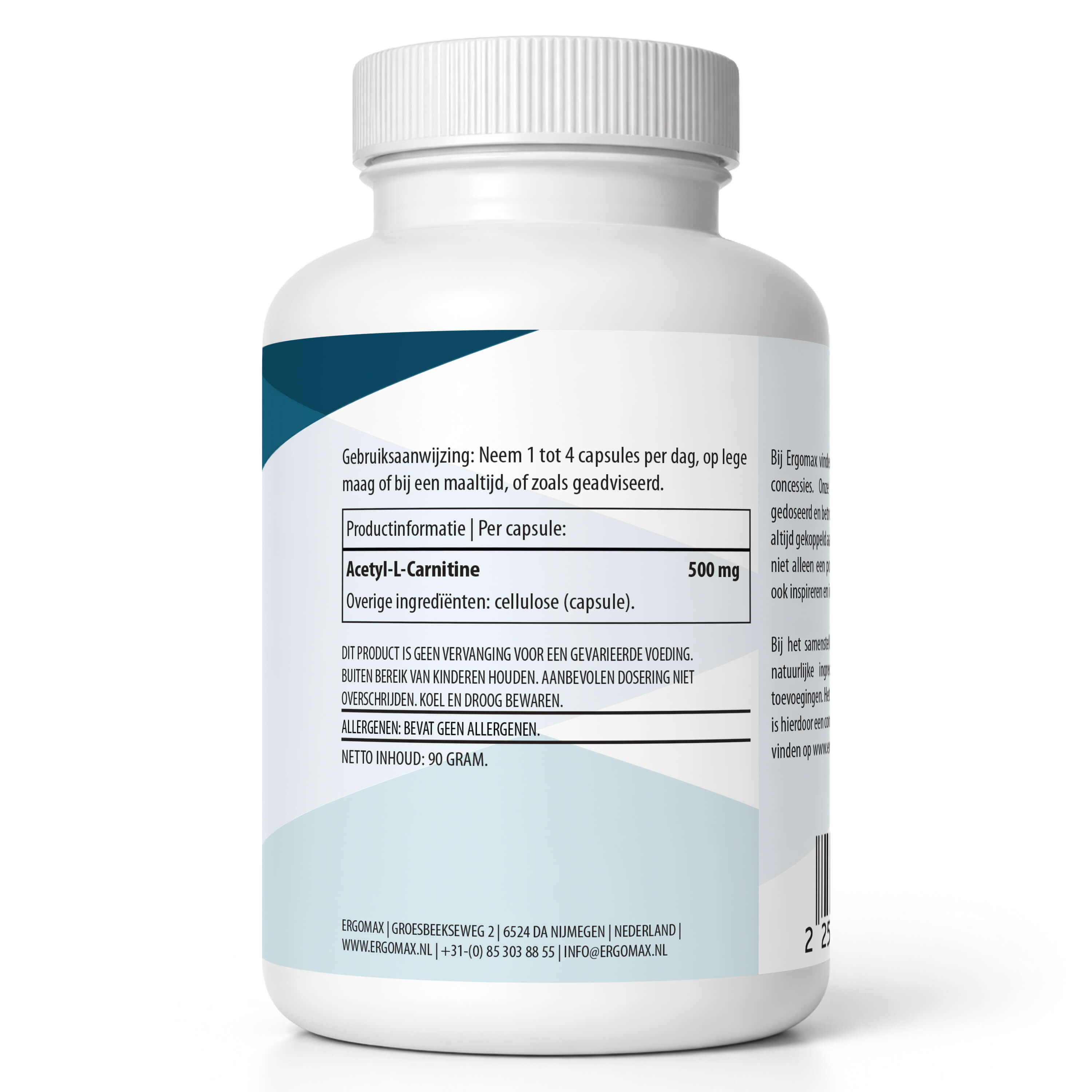 Acetyl-L-Carnitine - achterkant van het flesje met gebruiksaanwijzing en ingrediëntenlijst.