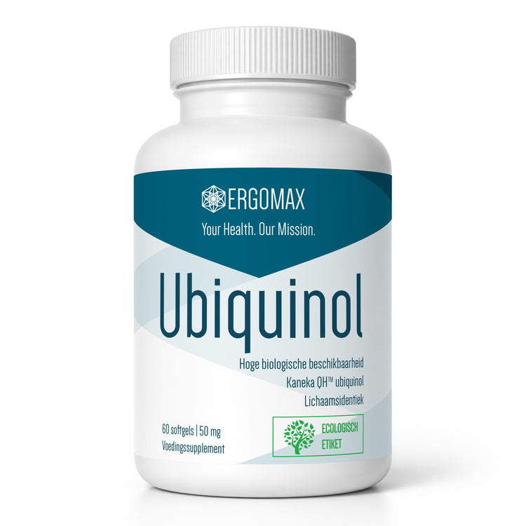 Ubiquinol - Kaneka QH® supplement van Ergomax in een fles met 60 softgels, 150 mg per capsule.