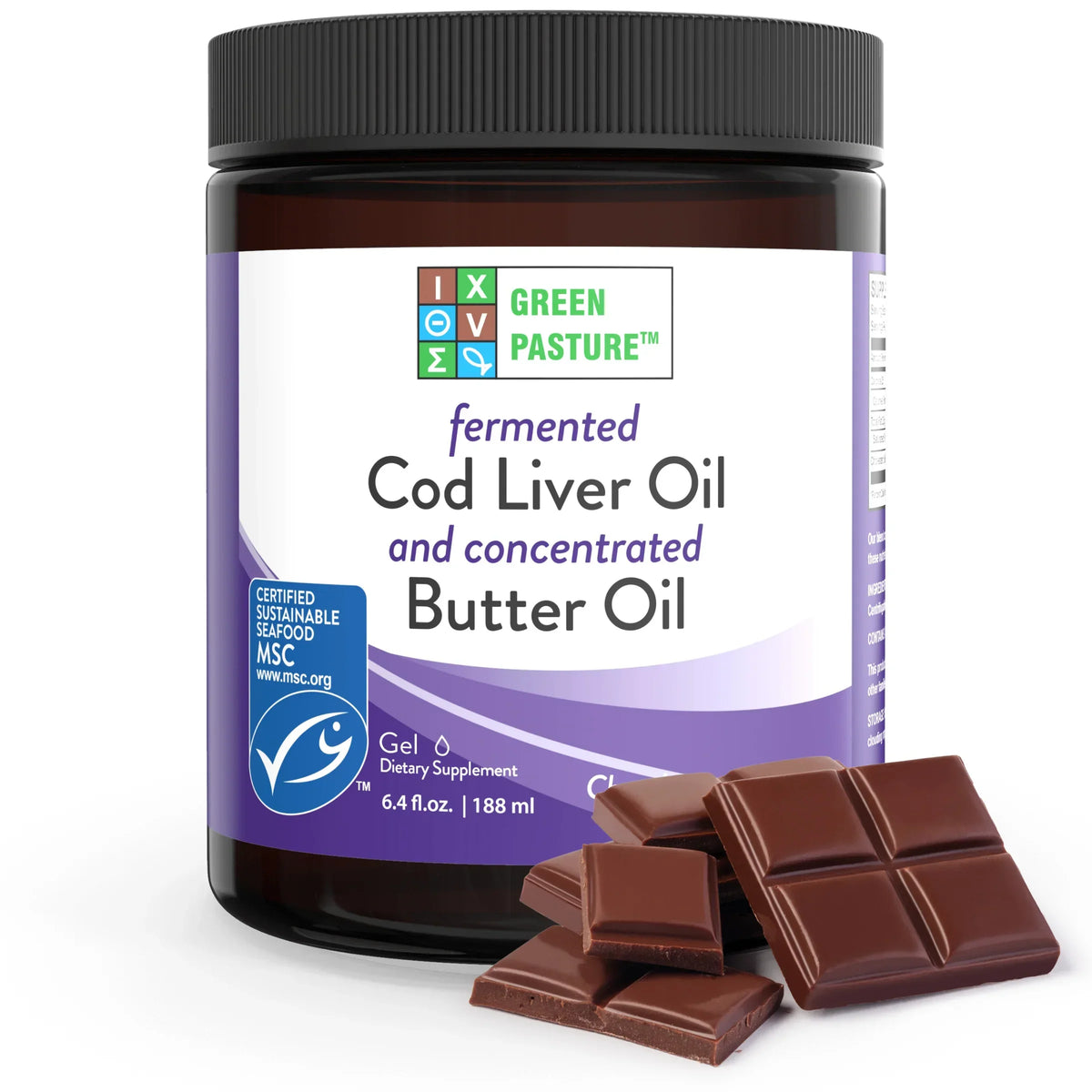 Gefermenteerde levertraan en boterolie gel met chocoladesmaak.