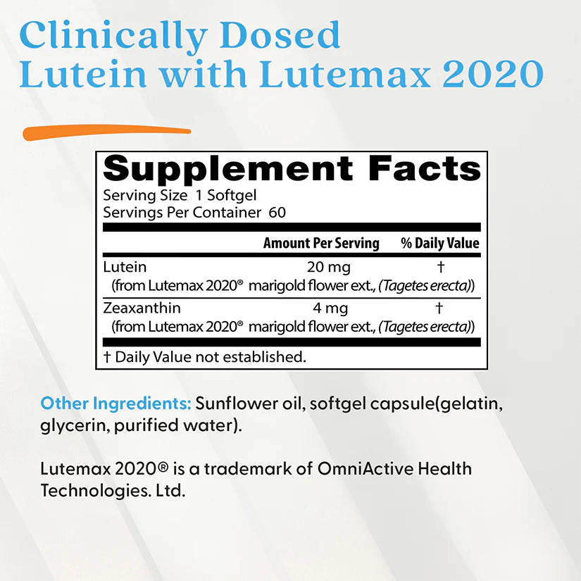 Nährwertangaben von Lutein & Zeaxanthin mit Lutemax® 2020 in 60 Softgels.