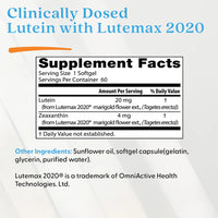 Nährwertangaben von Lutein & Zeaxanthin mit Lutemax® 2020 in 60 Softgels.