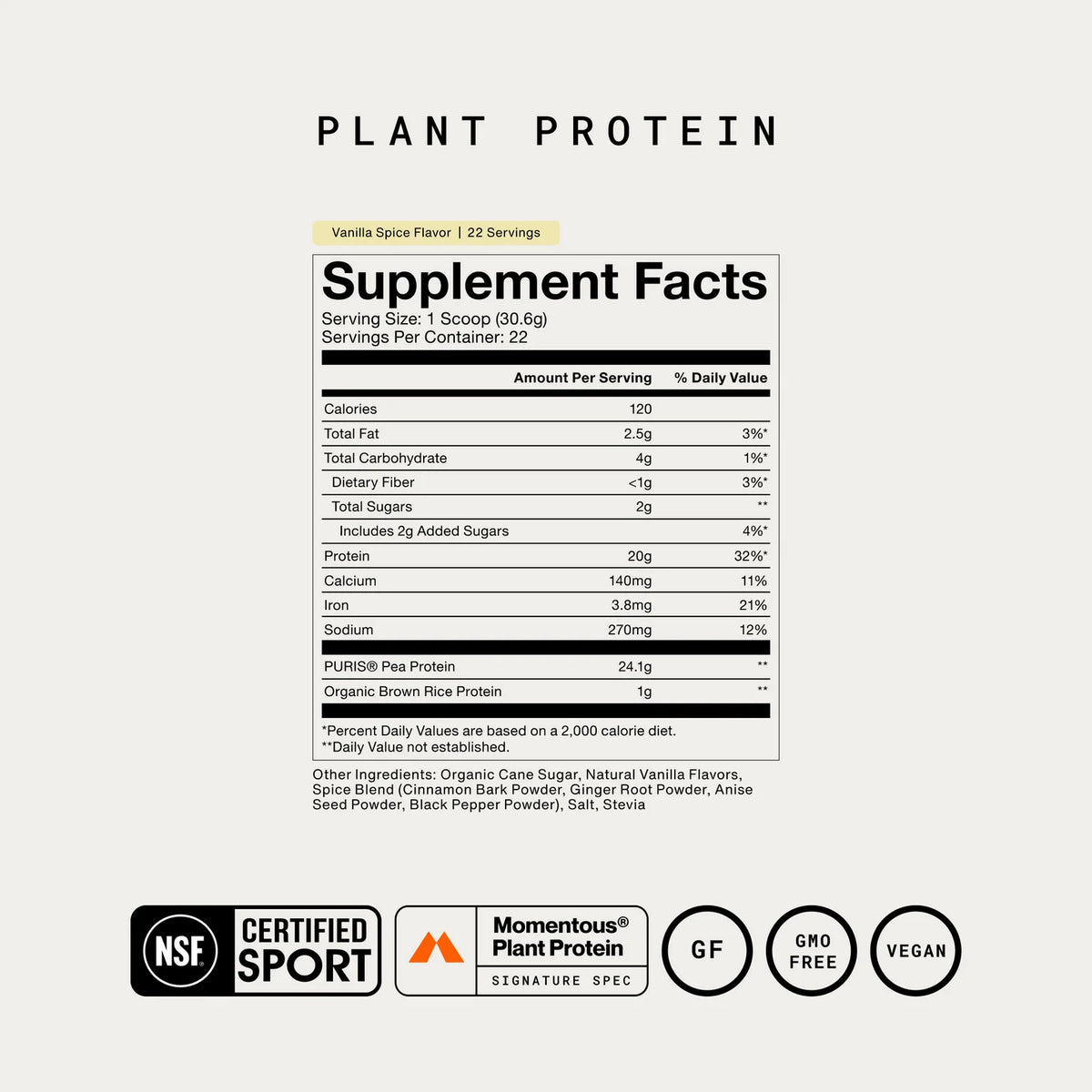 Momentous Plant Protein Vanilla Spice Supplement Facts
