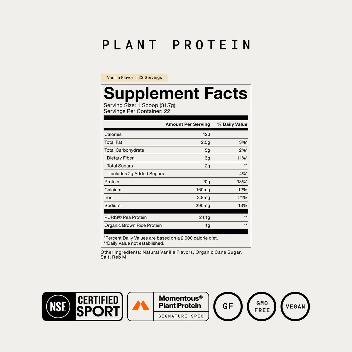 Momentous Plant Protein Vanilla  Supplement Facts