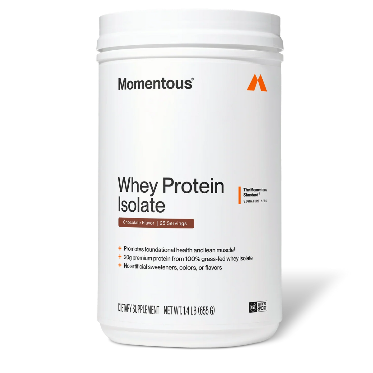 Momentous Whey Isolaat, etiket smaak Chocolate