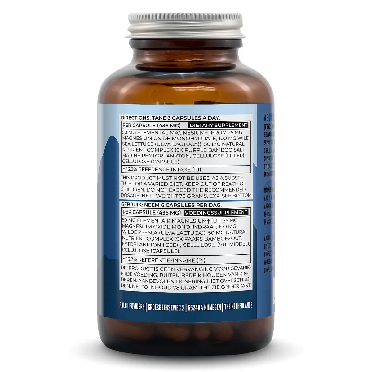 Etiket met voedingswaardetabel van magnesium capsules