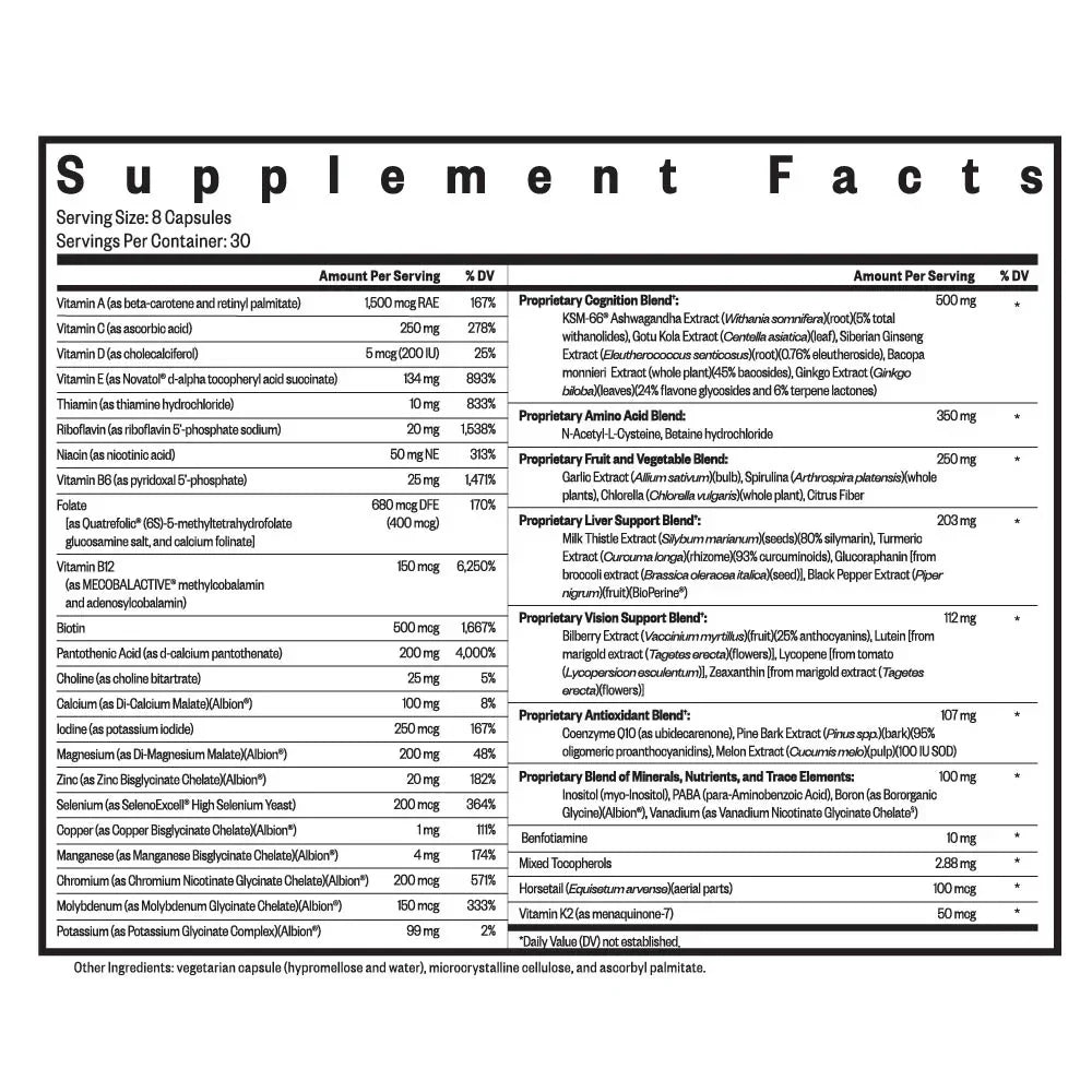 Etiket met voedingswaardetabel van optimal multivitaminen capsules