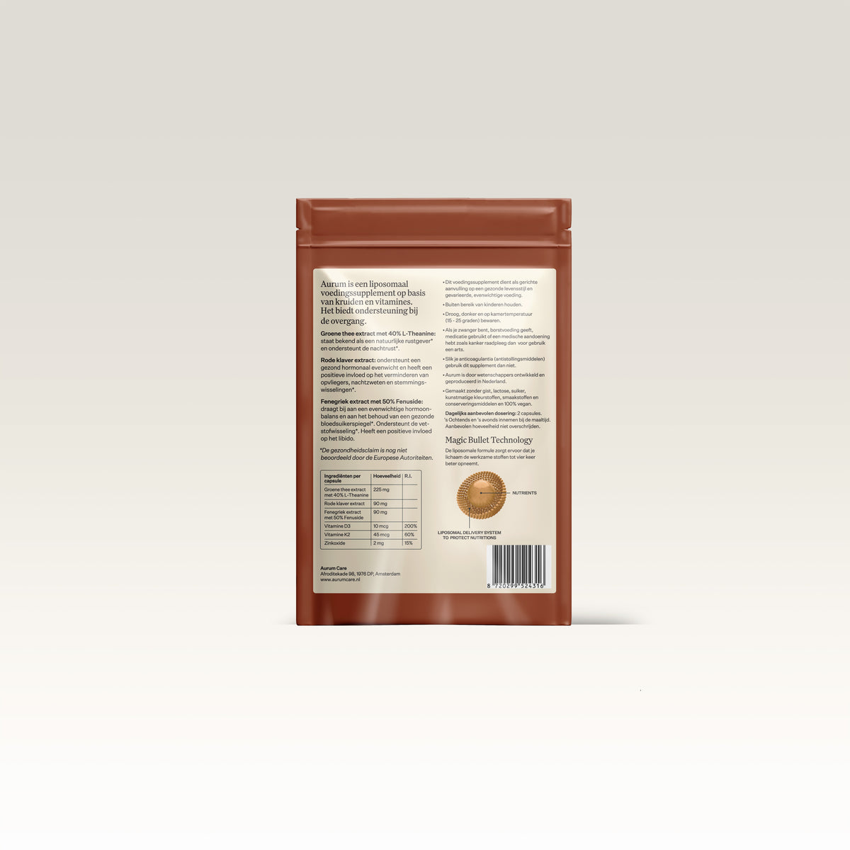 Etiket Aurum menopause supplement met ingrediënten per capsule
