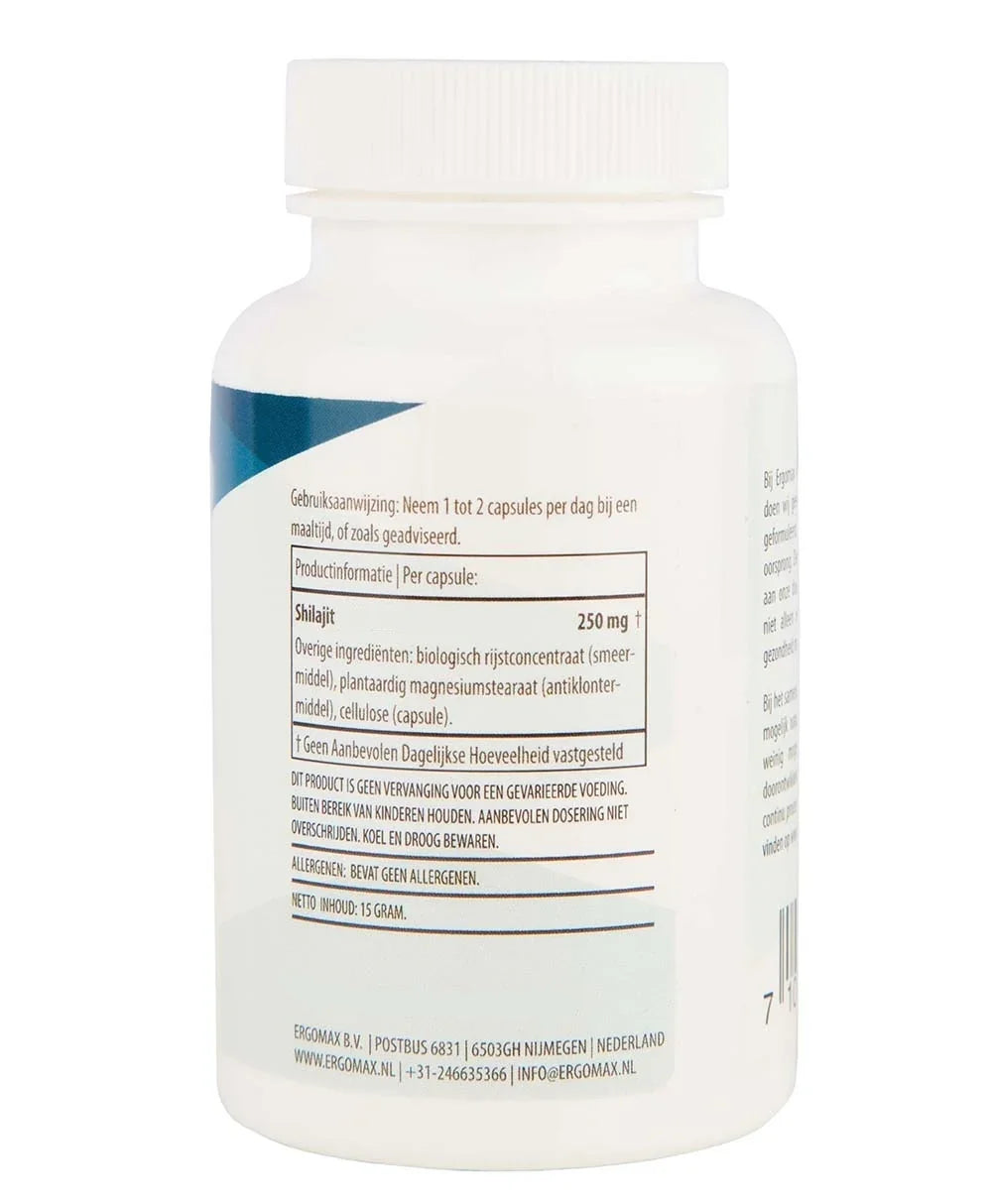 Ergomax Shilajit met ingrediënten en gebruiksinformatie