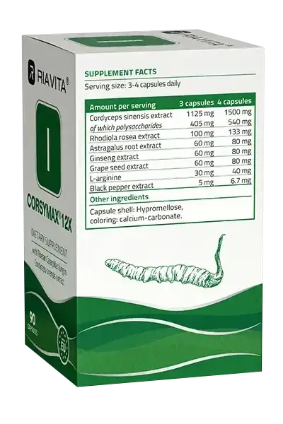 Achterkant van CorsyMAX 12x met ingrediënten en gebruiksinformatie