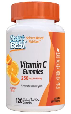Frontansicht von Doctor's Best Vitamin C weiche Kaubonbons, 120 weiche Kaubonbons in Orangengeschmack, 250 mg Vitamin C pro Portion
