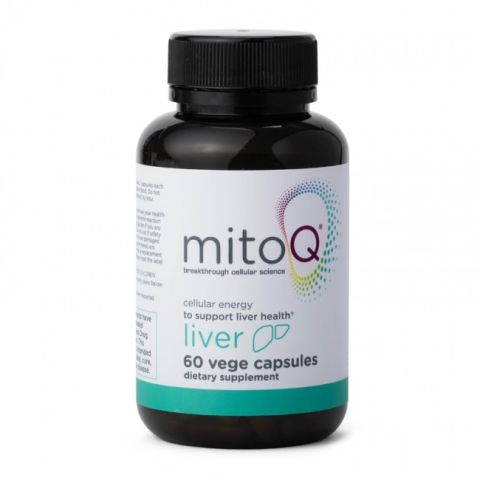Frontansicht der Glasflasche von MitoQ® Leber – Mitoquinol Mesylat speziell für die Leber - 60 Kapseln