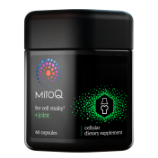 Frontansicht der Glasflasche von MitoQ® Gelenk - Grünlippmuschel - 60 Softgels